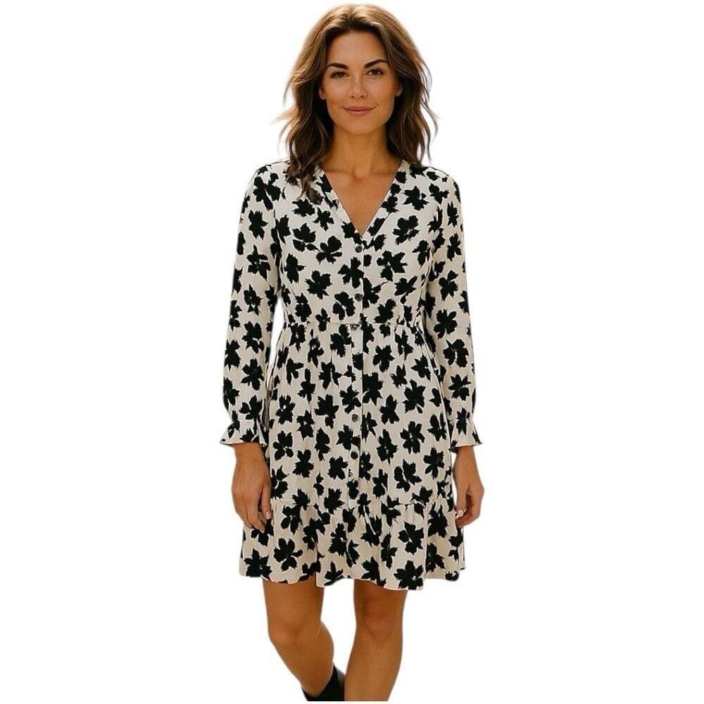 Homeyee Womens Black White Floral Long Sleeve V-Neck Tie Waist Dress Size 6 M